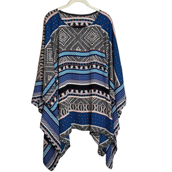 Womens Kimono Sleeve Tunic OSFM Blue Black Tribal Print Swim Cover Up Chiffon - Picture 1 of 4